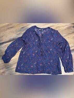 Lucky Brand Navy Blue Paisley Long-Sleeve Peasant Blouse